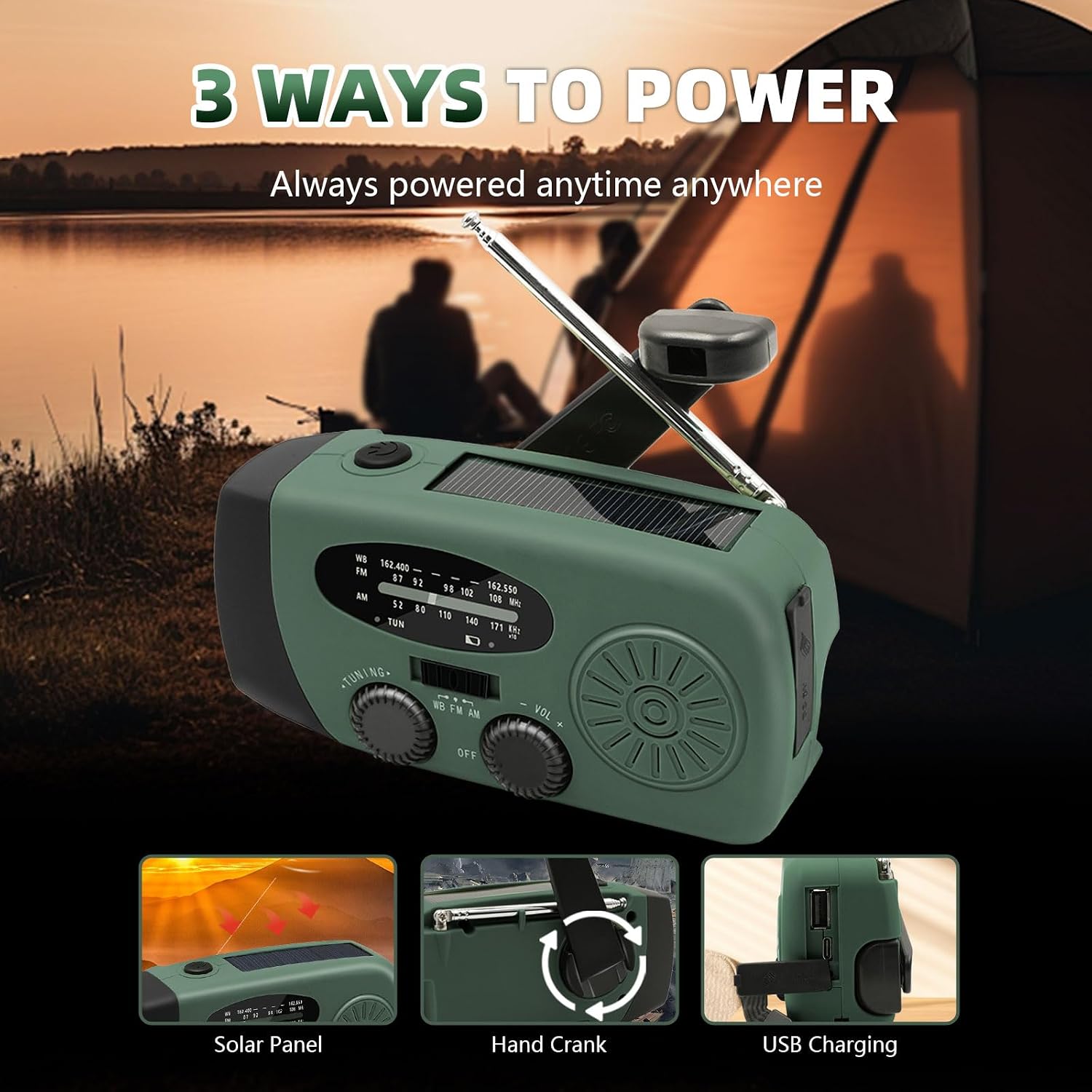 7400mWh Emergency Weather Radio, Portable Solar Hand Crank Radio AM/FM/NOAA, with 3 Mode Flashlight & Reading Lamp