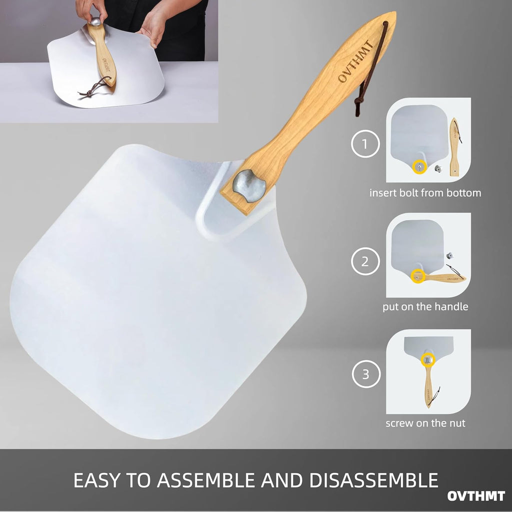 Pizza Peel 12 inch, Aluminum Pizza Paddle 12 x 14 inch with Foldable Wood Handle, Pizza Spatula For Oven, Bread