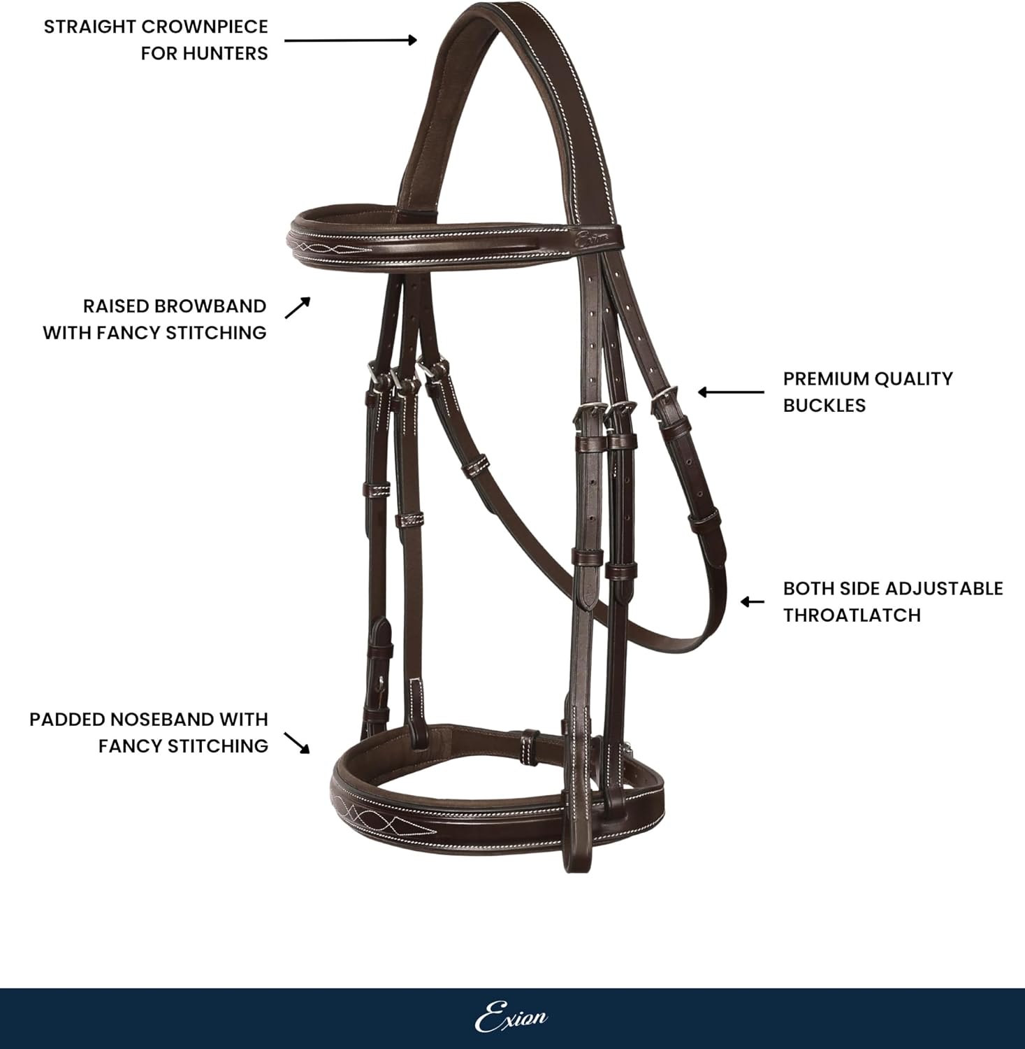 Exion Hunter Anatomic English Bridle for Horses – Padded Fancy Stitched Leather Bridle with Braided Reins – Ergonomic