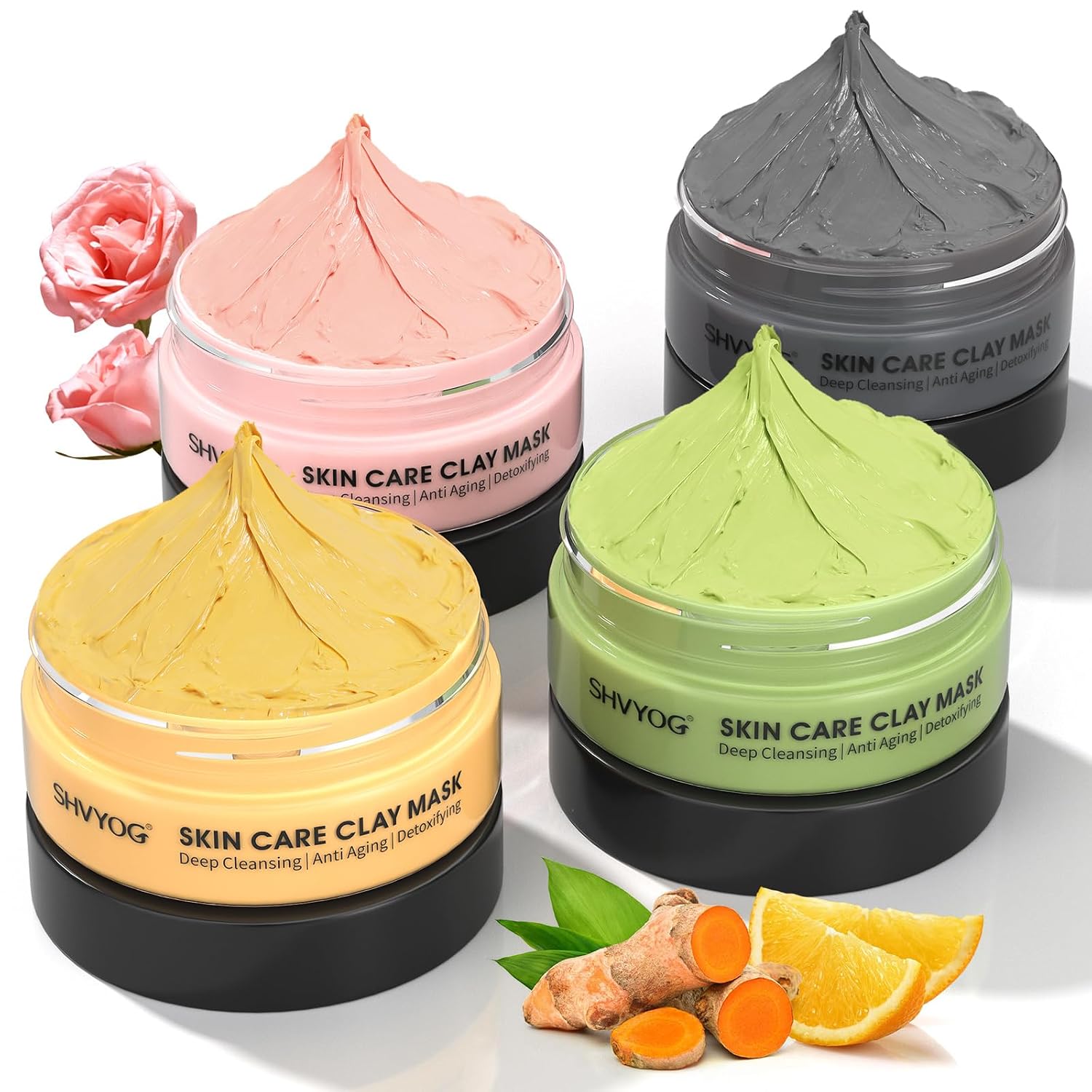4Pcs Face Mask Set - Turmeric Clay Mask, Vitamin C, Green Tea, Rose, Dead Sea Mud Mask, Skin Care Mask for Deep