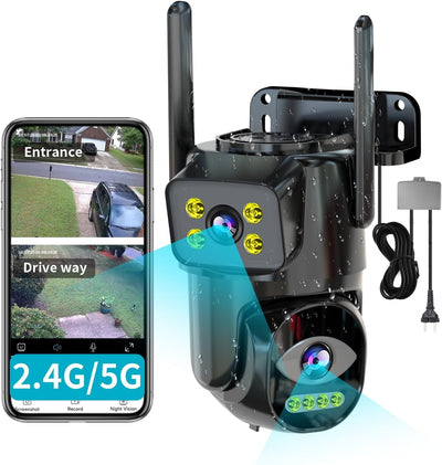 Dual Lens WiFi Security Camera Outdoor, 2.4G/5G PTZ Outdoor Plug-in Camera Auto Tracking,Home Security Surveillance
