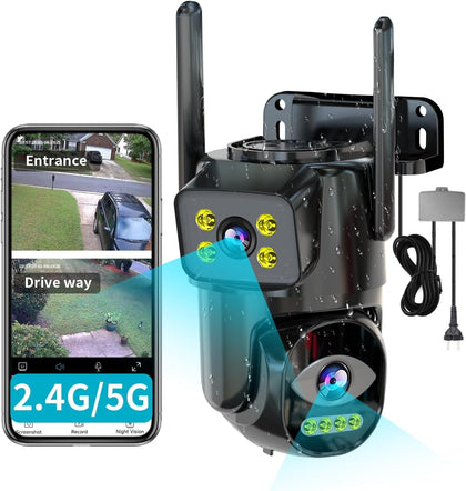 Dual Lens WiFi Security Camera Outdoor, 2.4G/5G PTZ Outdoor Plug-in Camera Auto Tracking,Home Security Surveillance