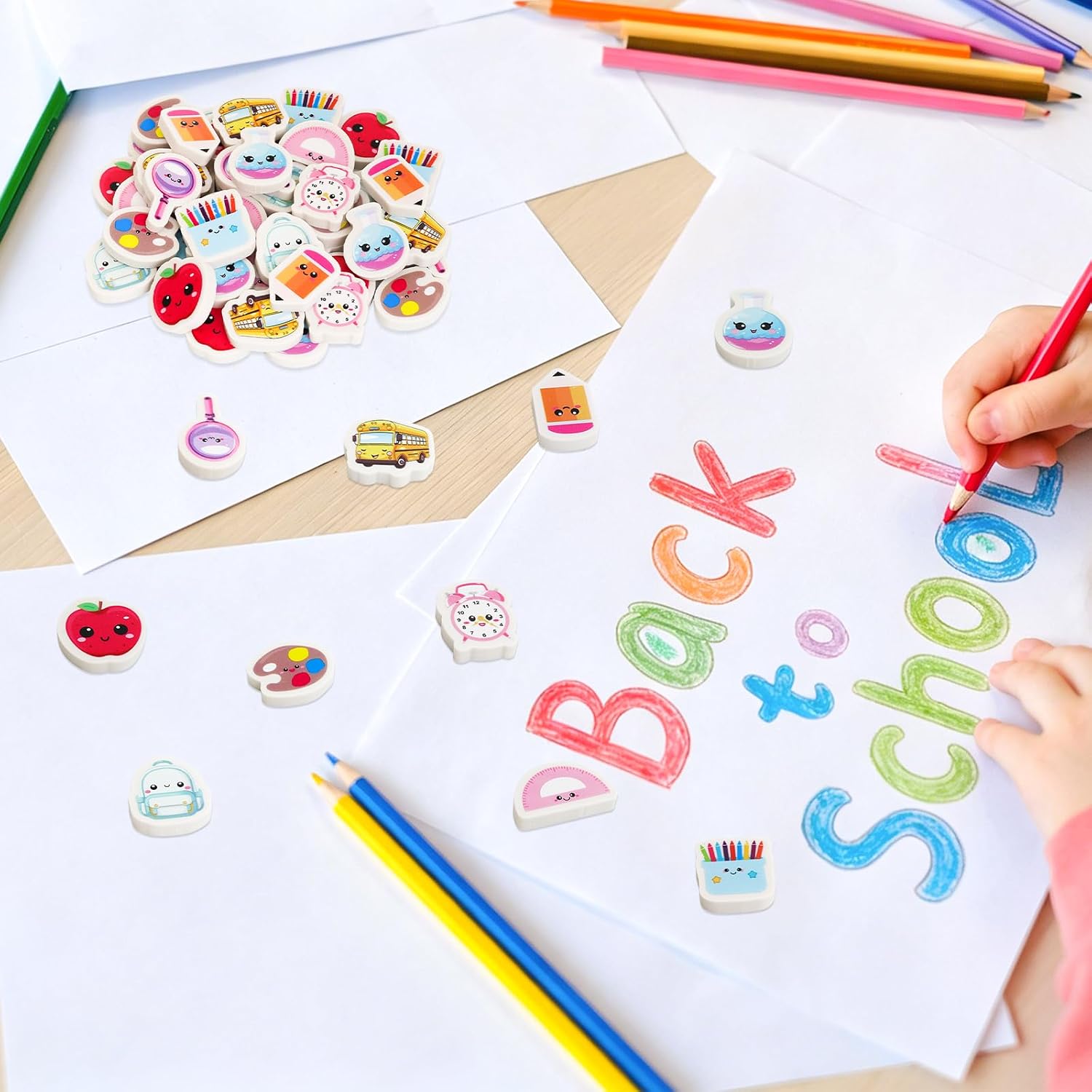 60Pcs Back to School Erasers Bulk Mini Pencil Erasers | Schoolbag, School Bus, Alarm, Pens Eraser, Student Classroom