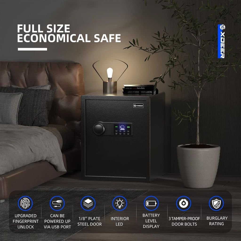 1.69 CuFt Biometric Safe with Fireproof Bag, Home Safe for 4 Pistols | Fingerprint Safe Box with Backlit Keypad & LED