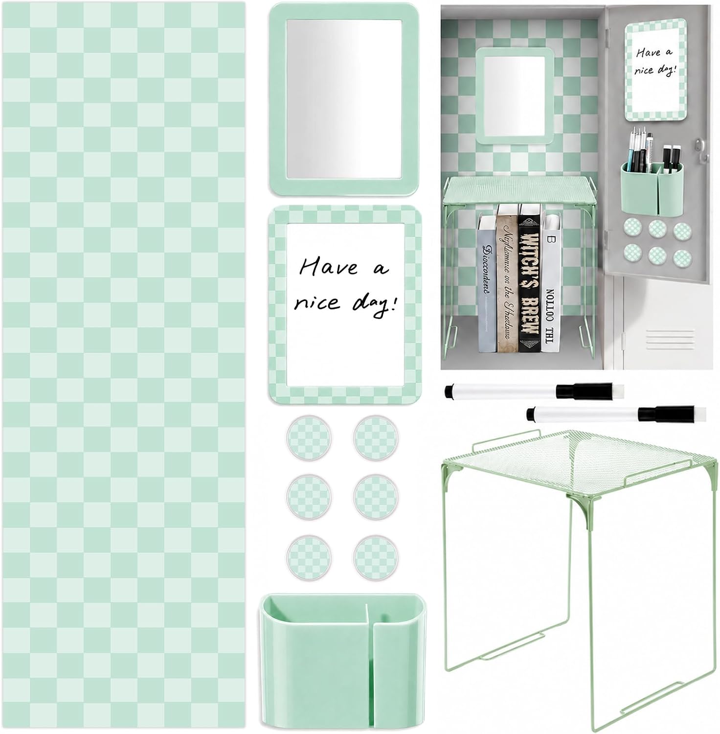 Green Checkered Locker Accessories and Organizer Kit Include Pastel Checkerboard Print Wallpaper Magnetic Mirror