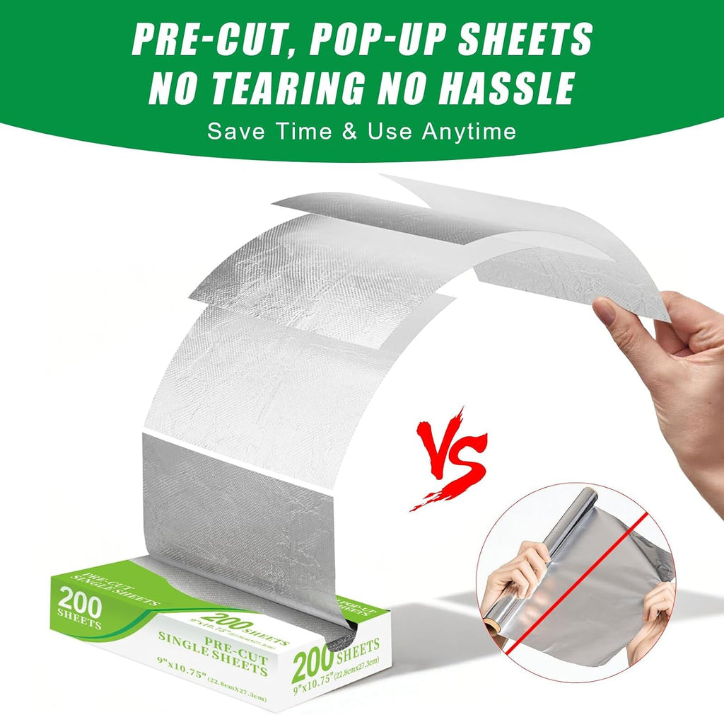 200 Pre-Cut Aluminum Foil Sheets, 9" x 10.75" Pop-Up Foil Sheets for Food, Easy Dispense Packaging, Premium Aluminum