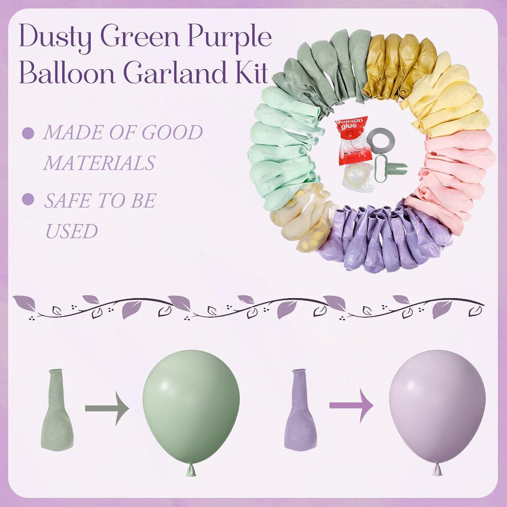 173Pcs Dusty Green Purple Pink Balloon Arch Garland Kit, Lavender Pastel Blush Pink Yellow Mist Green Gold Confetti