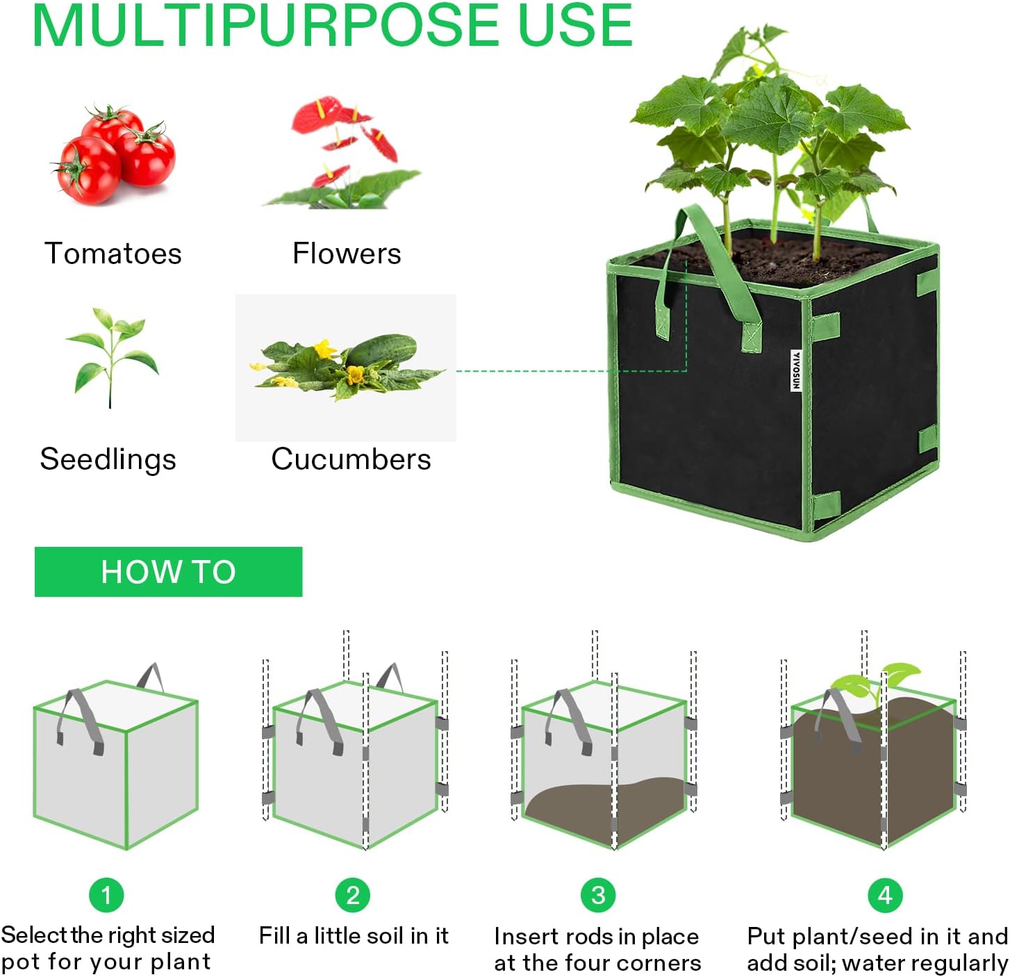 VIVOSUN 5 Pack 5 Gallon Square Grow Bags, Thick Nonwoven Cubic Fabric Pots with Handles for Indoor and Outdoor