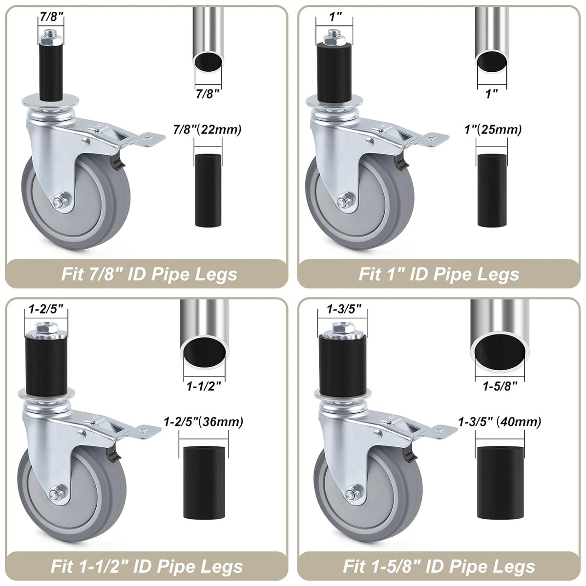4 Inch Prep Table Caster Wheels Set, 4 Heavy Duty Expanding Stem Casters Fit 7/8", 1", 1-1/2", 1-5/8" Tube Leg with