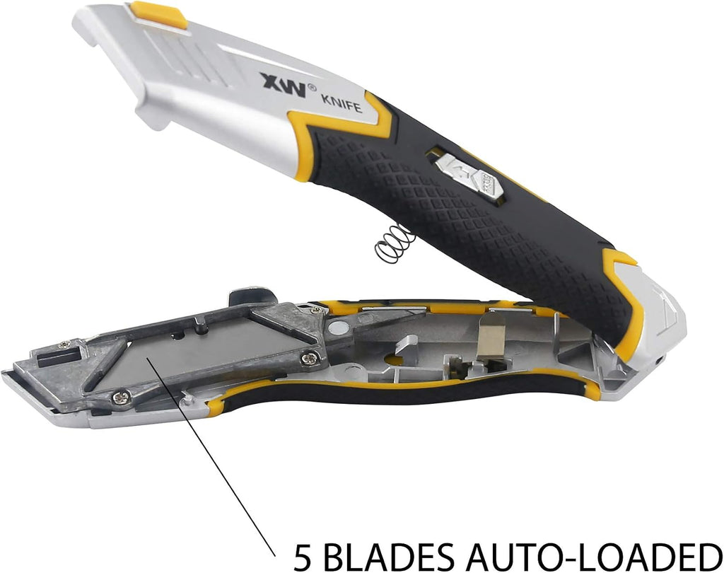 Auto Loading Utility Knife, 3-Position Retractable Box Cutter with 5 Pre-loaded Blades, Bonus 10 Blades Included