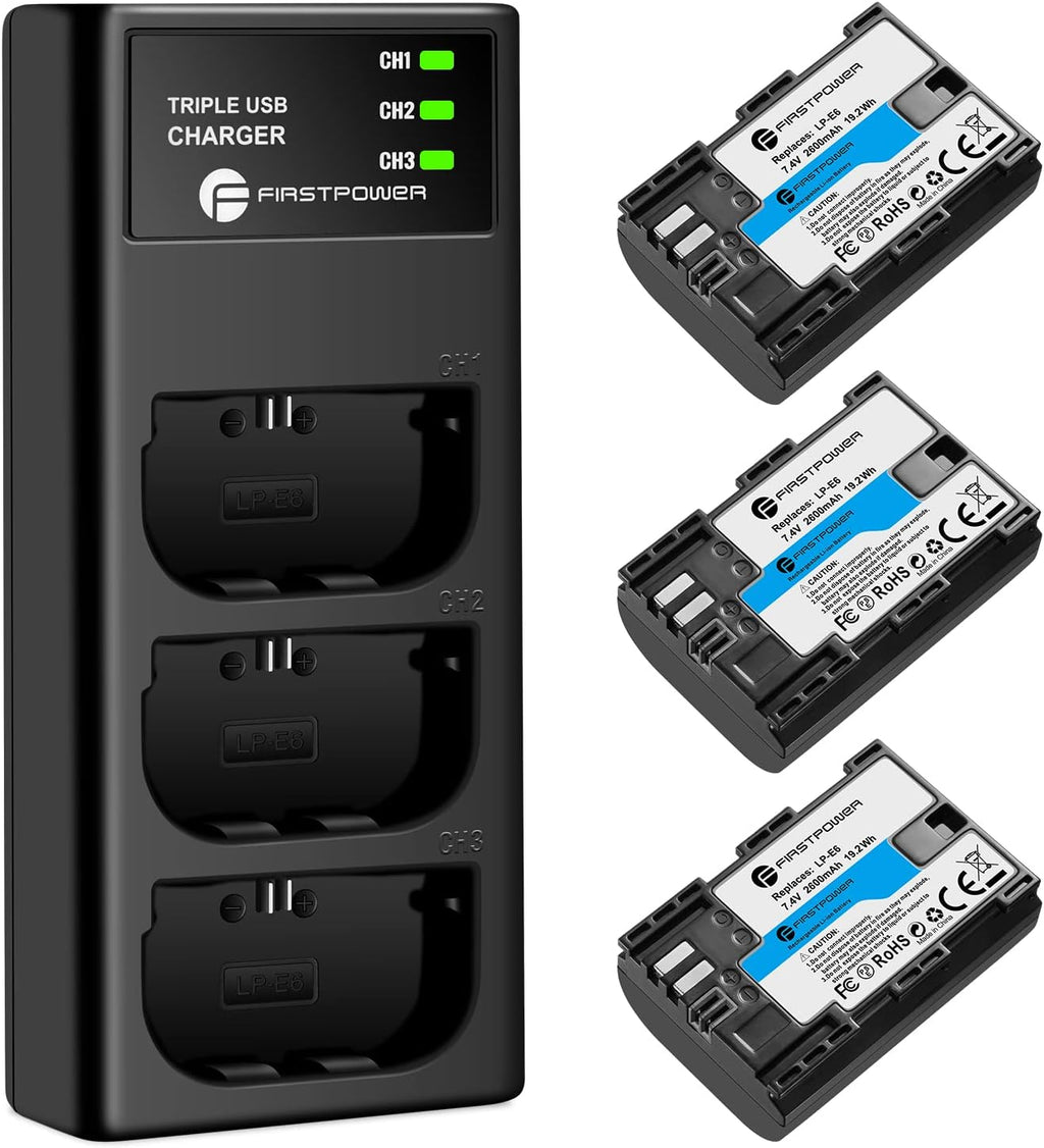 LP-E6 LP E6N Battery 3-Pack 2600mAh & Triple Slot Charger | Compatible with Canon EOS 5D Mark IV, 5D Mark III, 5D