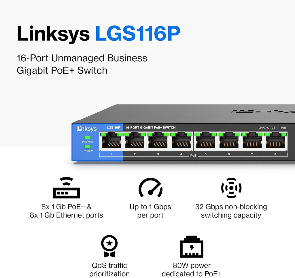 LGS116P 16 Port Gigabit Unmanaged Network PoE Switch with 8 PoE+ Ports @ 80W - Ideal for Business, Home, Office, IP
