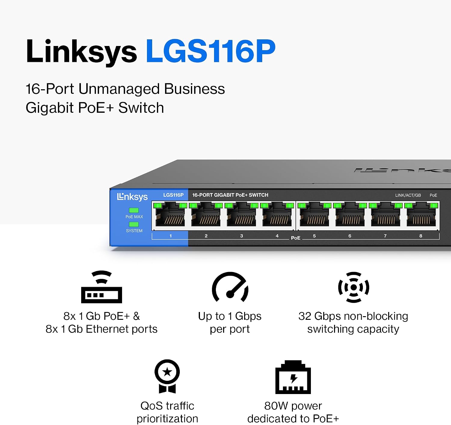 LGS116P 16 Port Gigabit Unmanaged Network PoE Switch with 8 PoE+ Ports @ 80W - Ideal for Business, Home, Office, IP