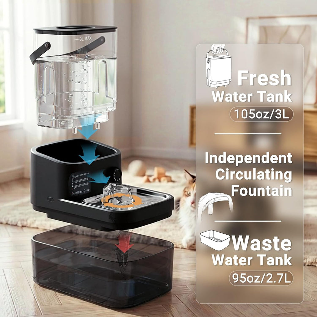 3L Filterless Cat Water Fountain, Wireless, Wastewater Separation,Black