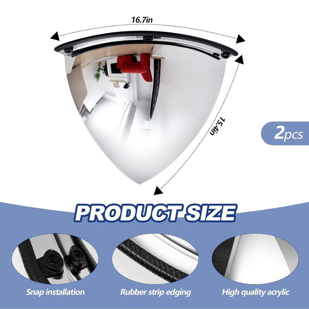 2 Pieces 26 Inch Acrylic Quarter Dome Mirror Convex Corner Safety Mirror High Viewing Angle Blindspot for Wall