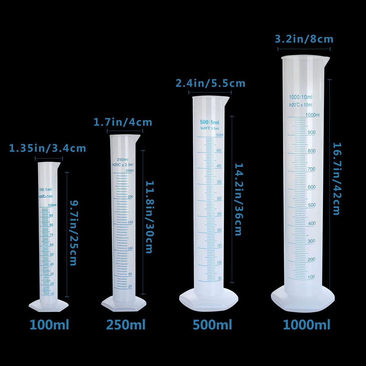 HNBun 4 Pack 500 ML Plastic Graduated Cylinders with Pour Spout