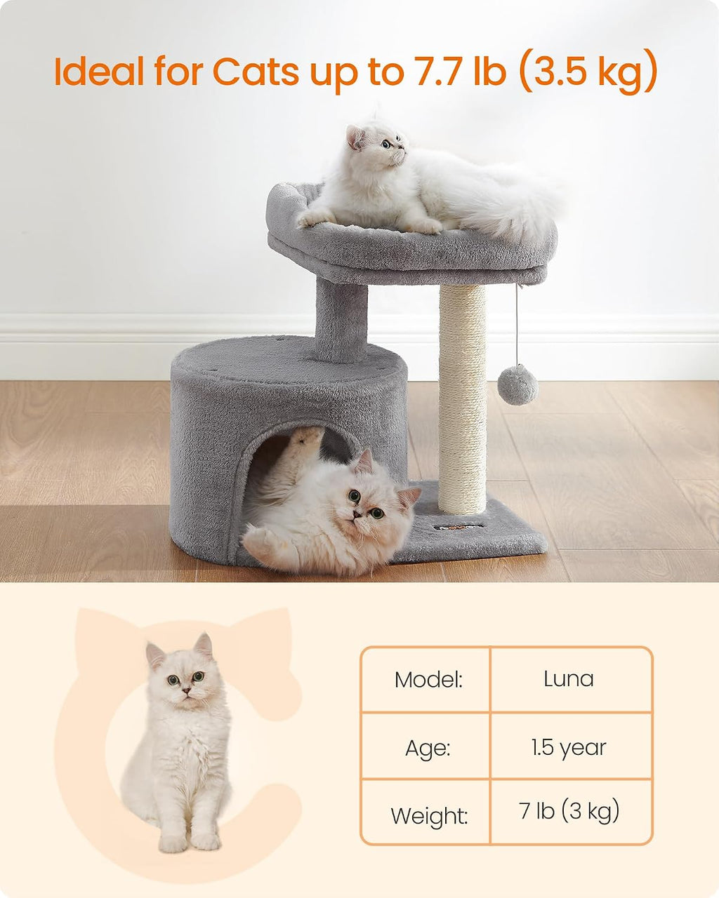 Cat Tree, Small Cat Tower with Sisal Scratching Post, Plush Condo with Padded Perch
