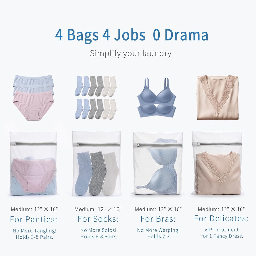 4Pcs Durable Fine Mesh Laundry Bags for Delicates 12 x 16 Inches | (4 Medium)