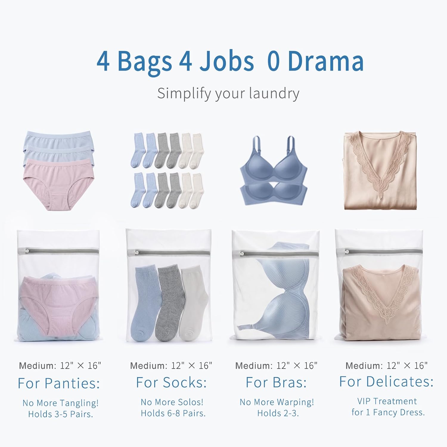 4Pcs Durable Fine Mesh Laundry Bags for Delicates 12 x 16 Inches | (4 Medium)