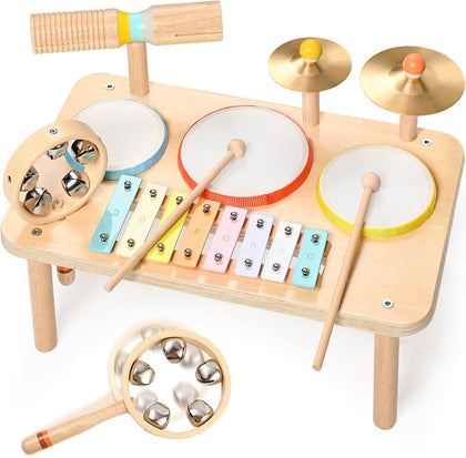 Kids Drum Set, 9-in-1 Montessori Toys | Wooden Musical Instruments for Toddlers, Baby Musical Toys with Drums