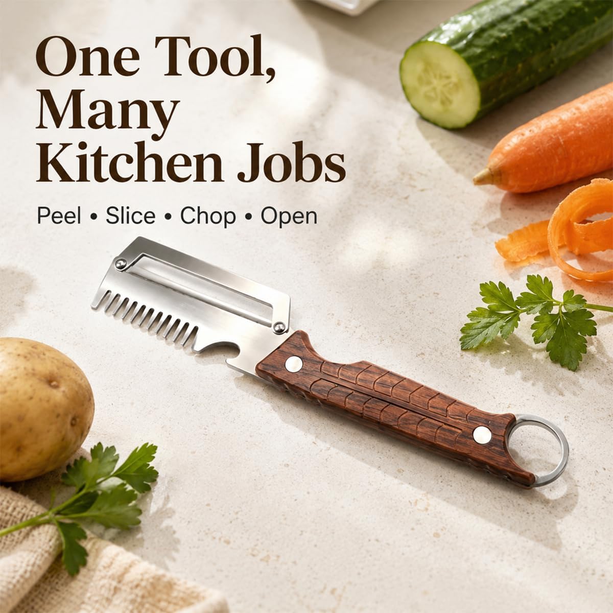 2-Pack Multi-Functional Vegetable Peeler, 3 in 1 Multi Functional Wooden Handle Peeler and Bottle Opener, Kitchen