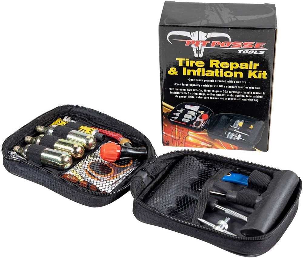 PP3167 Motorcycle Tire Repair Kit with Co2 Inflator and Cartridges for Tube and Tubeless Tires, Emergency Roadside
