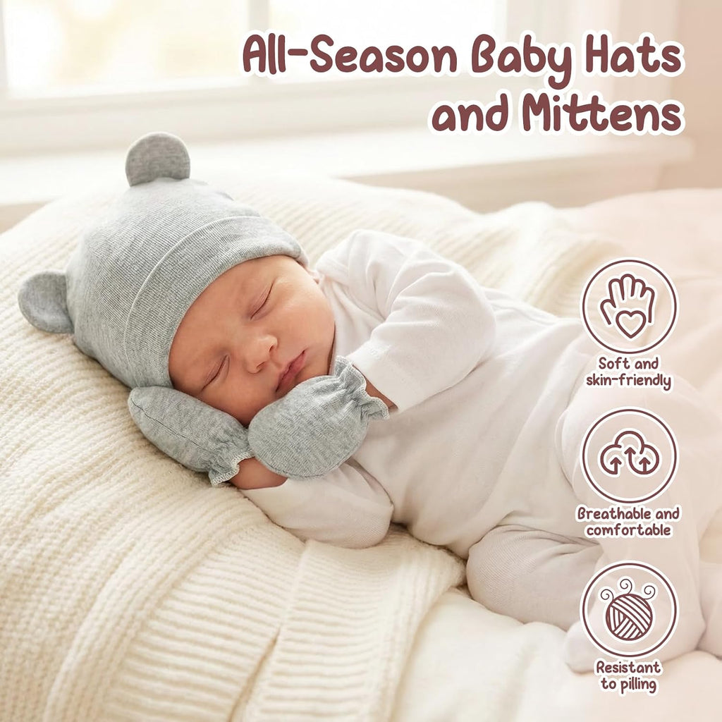 Newborn Baby Hats and Mittens Set, Cotton Infant Baby Boy Girl Bear Ears Caps and Mittens for 0-3 Months