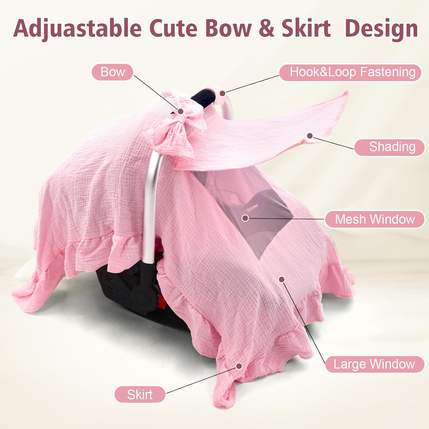 Car Seat Cover Baby Girls, Muslin Infant Car Seat Cover with Detachable Bow, Handmade Baby Carrier Cover with Mesh