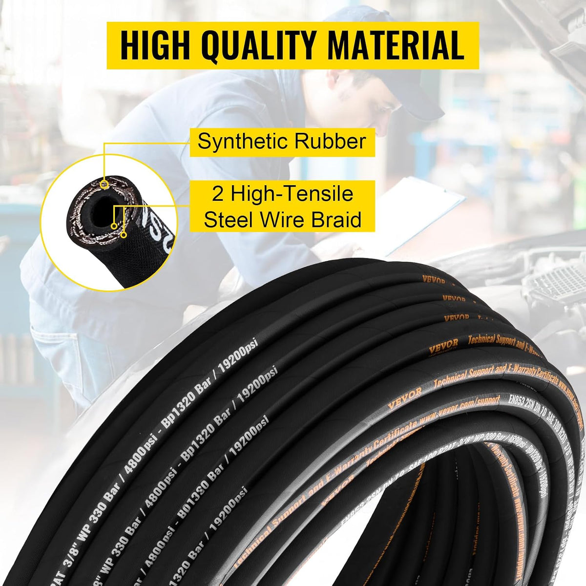 VEVOR Hydraulic Hose 3/8 Inch x 100 Ft 4800 PSI Working Pressure