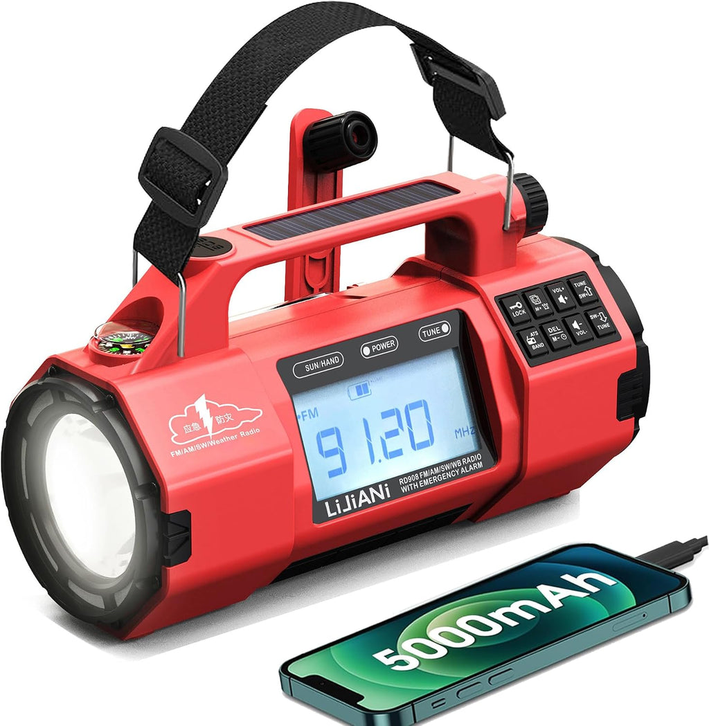 NOAA Weather Radio Emergency Radio with Hand Crank & Solar Charging | AM FM SW Weather Alert 5000mAh Battery, Phone