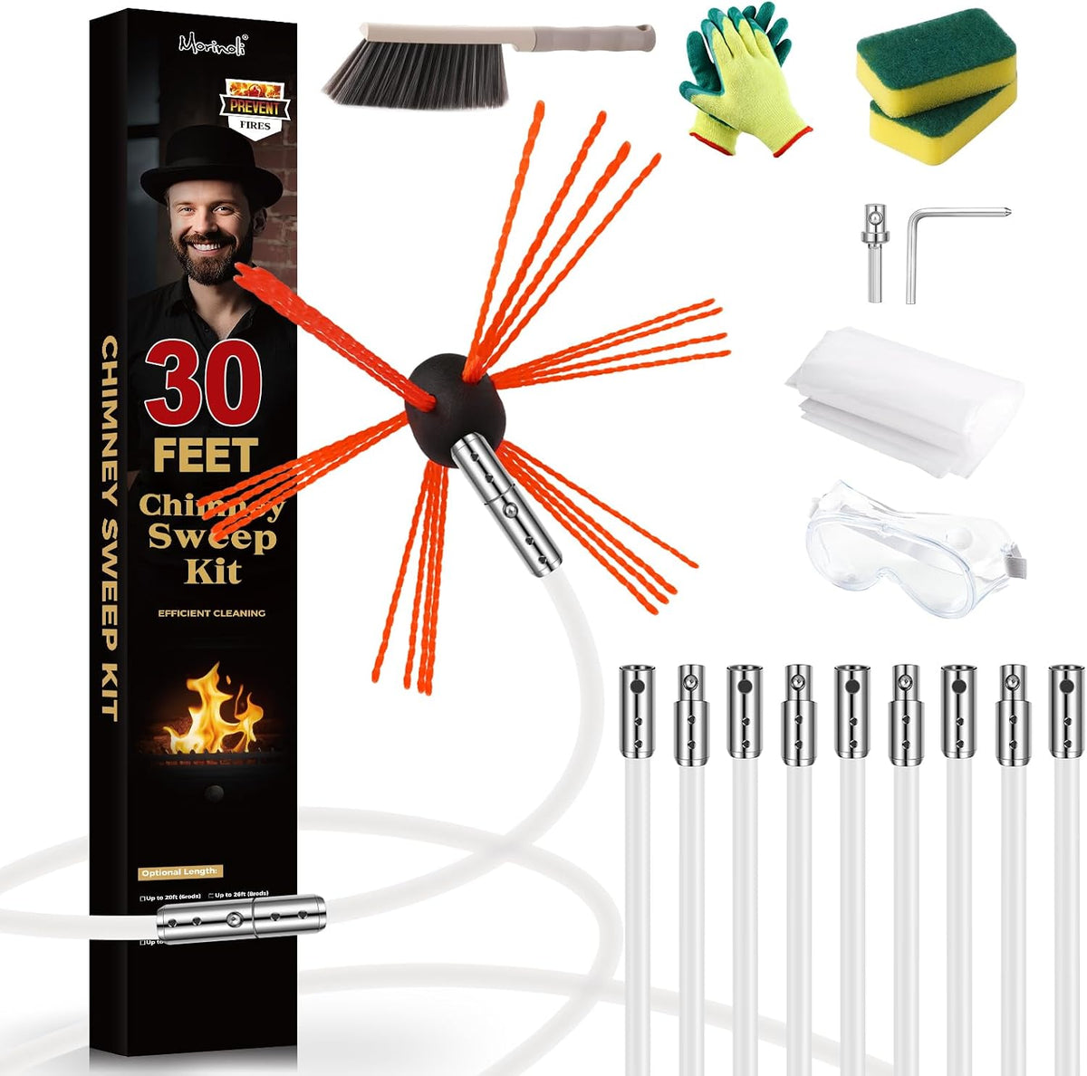 30 Ft Chimney Sweep Kit with 9 Flexible Rods & Chimney Brush
