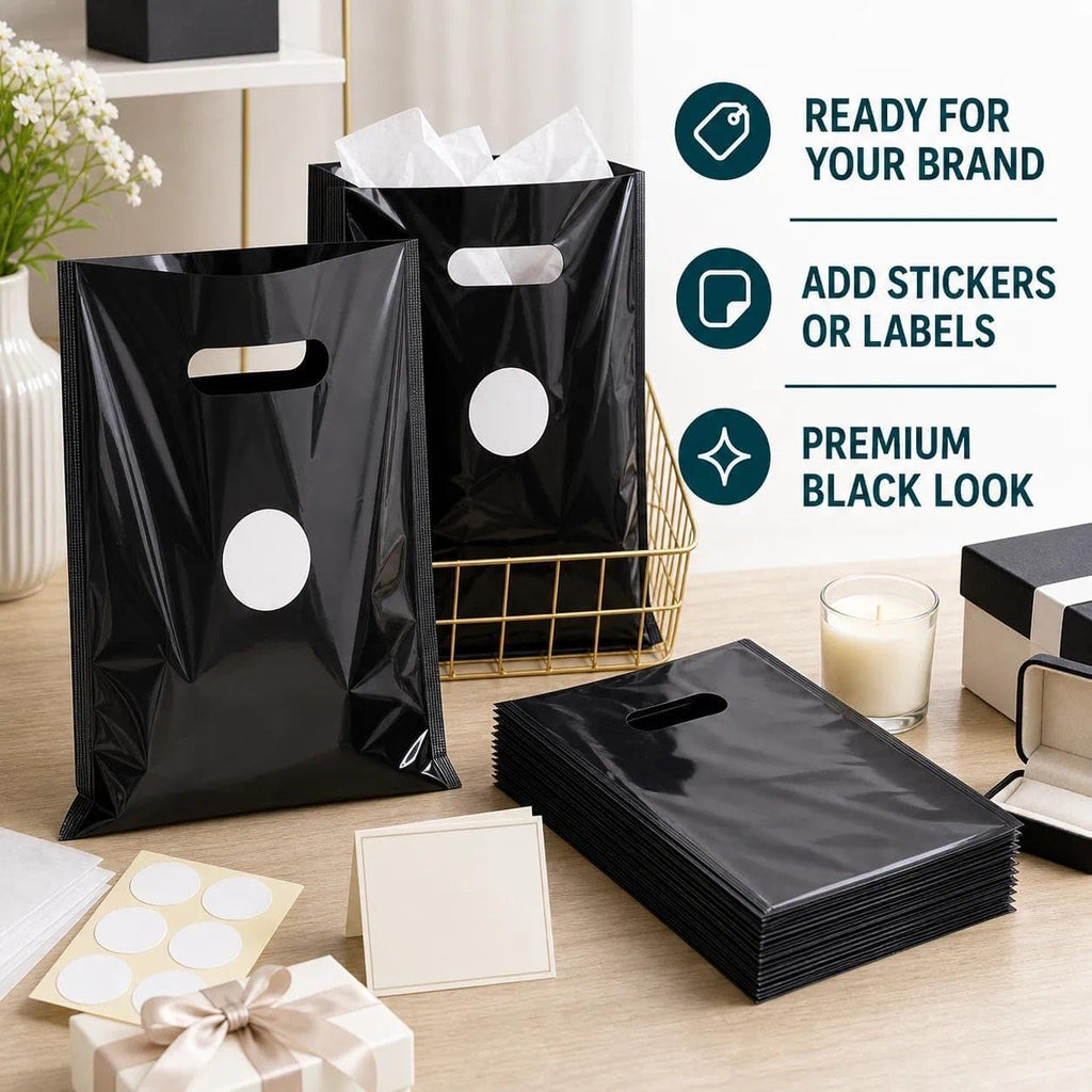 Small Black Plastic Shopping Bag for Small Business Plastic Merchandise Bag with Handle Poly Die Cut for Retail 100