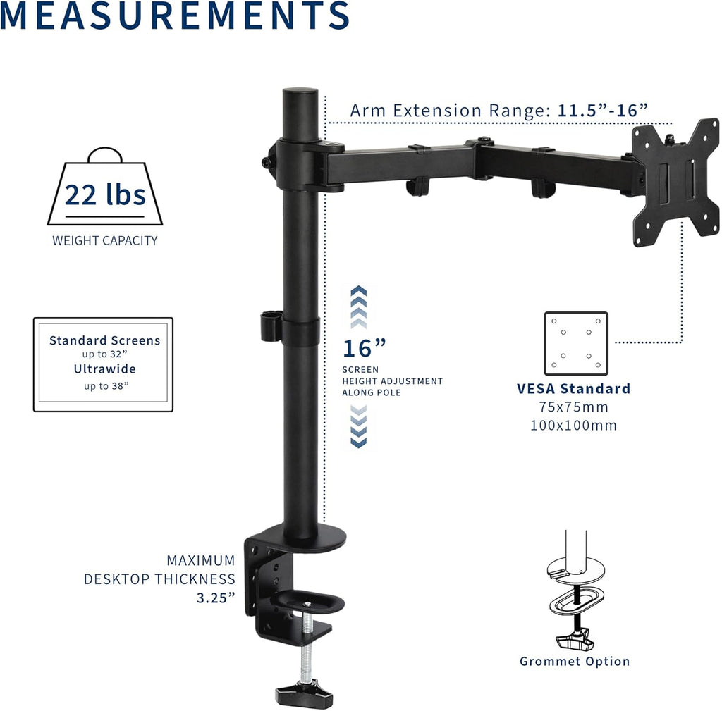 Single 13 to 38 inch Ultrawide Monitor Arm Desk Mount, Regular Screens up to 32 inches, 22 lbs capacity, Fully