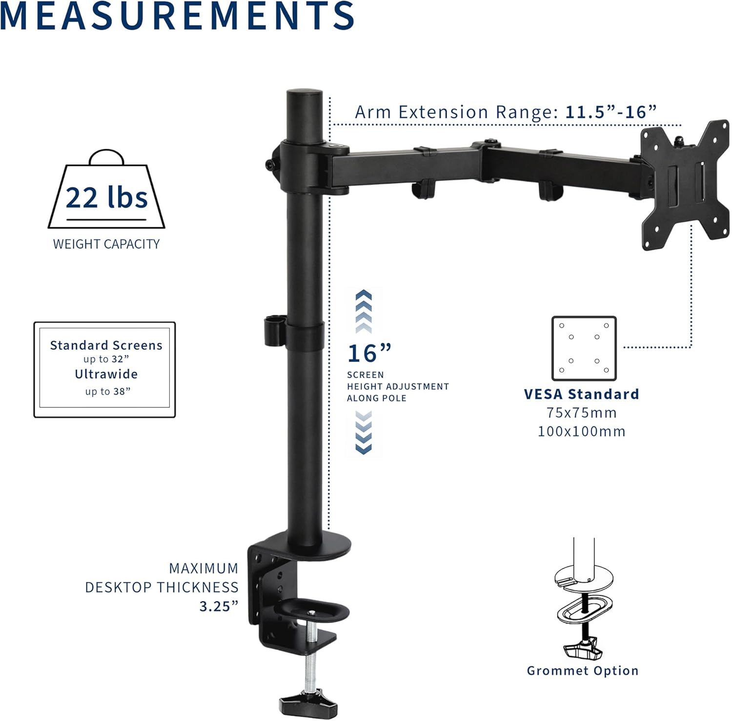 Single 13 to 38 inch Ultrawide Monitor Arm Desk Mount, Regular Screens up to 32 inches, 22 lbs capacity, Fully