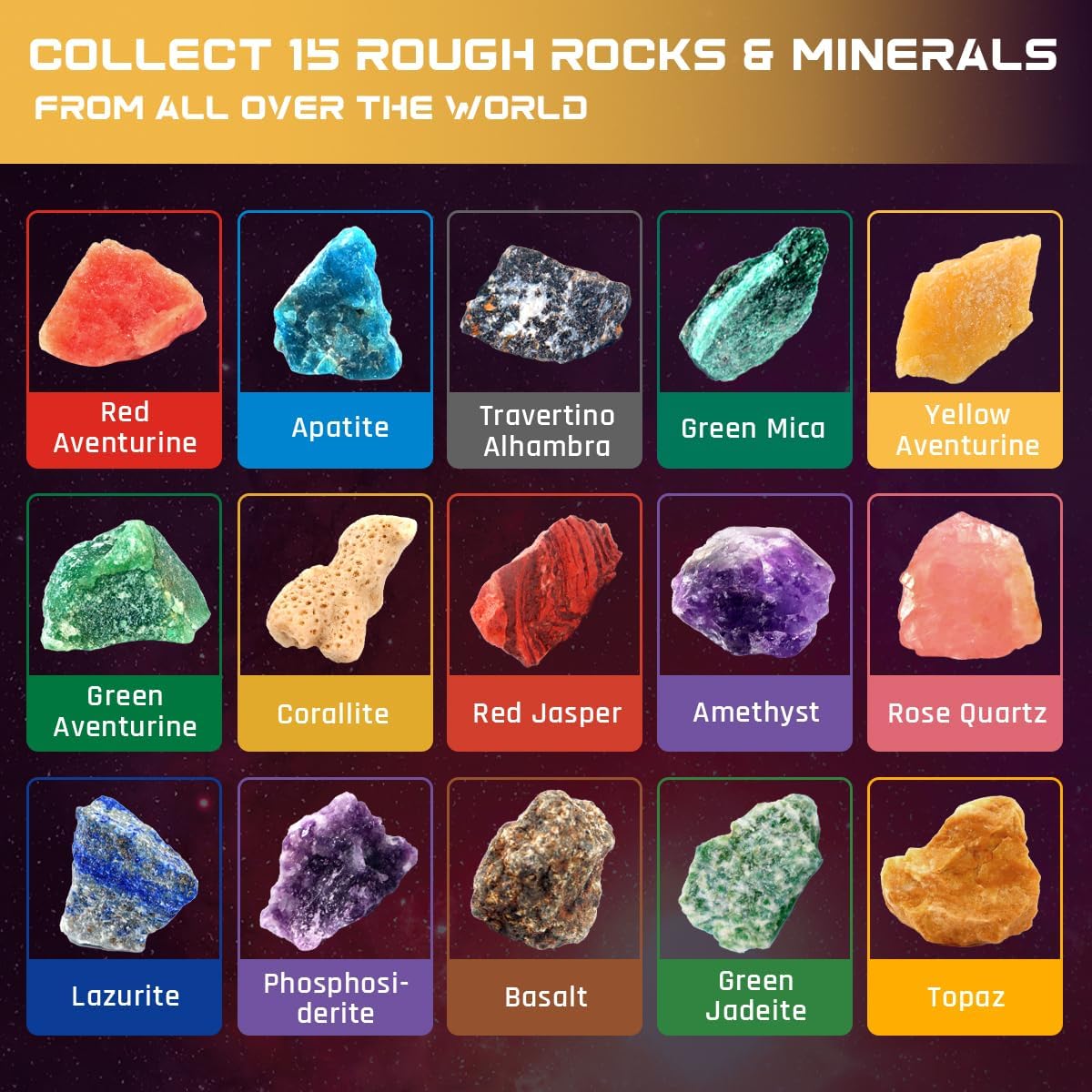 Gemstone Dig Kit, Dig up 15 Rocks & Minerals from Earth Moon Mars, Solar System Planets Geology Science Set, Space