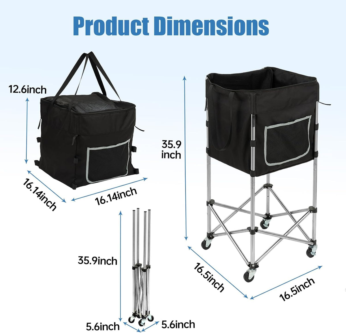 Tennis Ball Hopper with Wheels, 180 Capacity Ball Cart, Black
