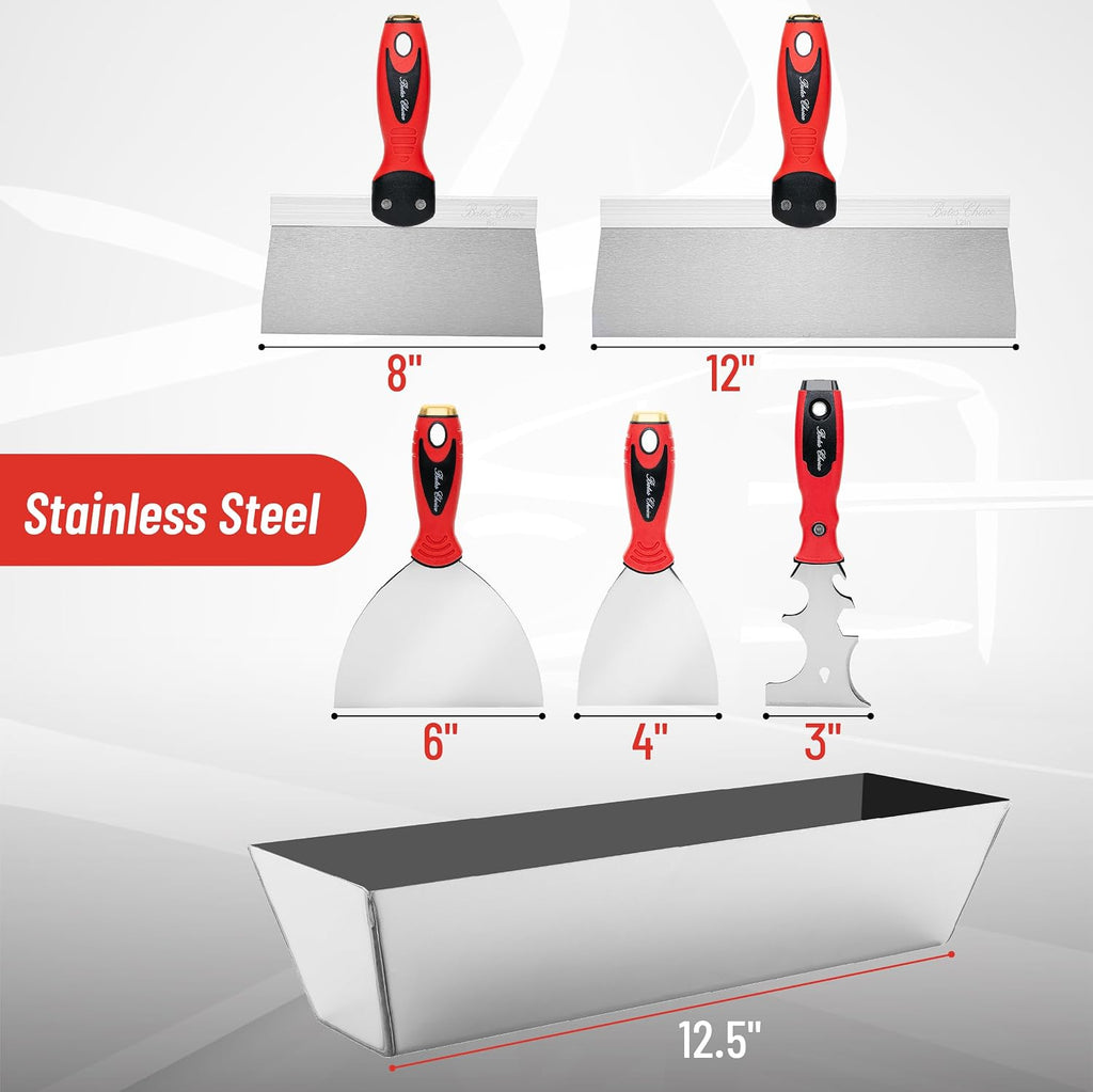 Bates Drywall Knife Set - 6pcs, Finishing Tools with Mud Pan & Spackle Knives