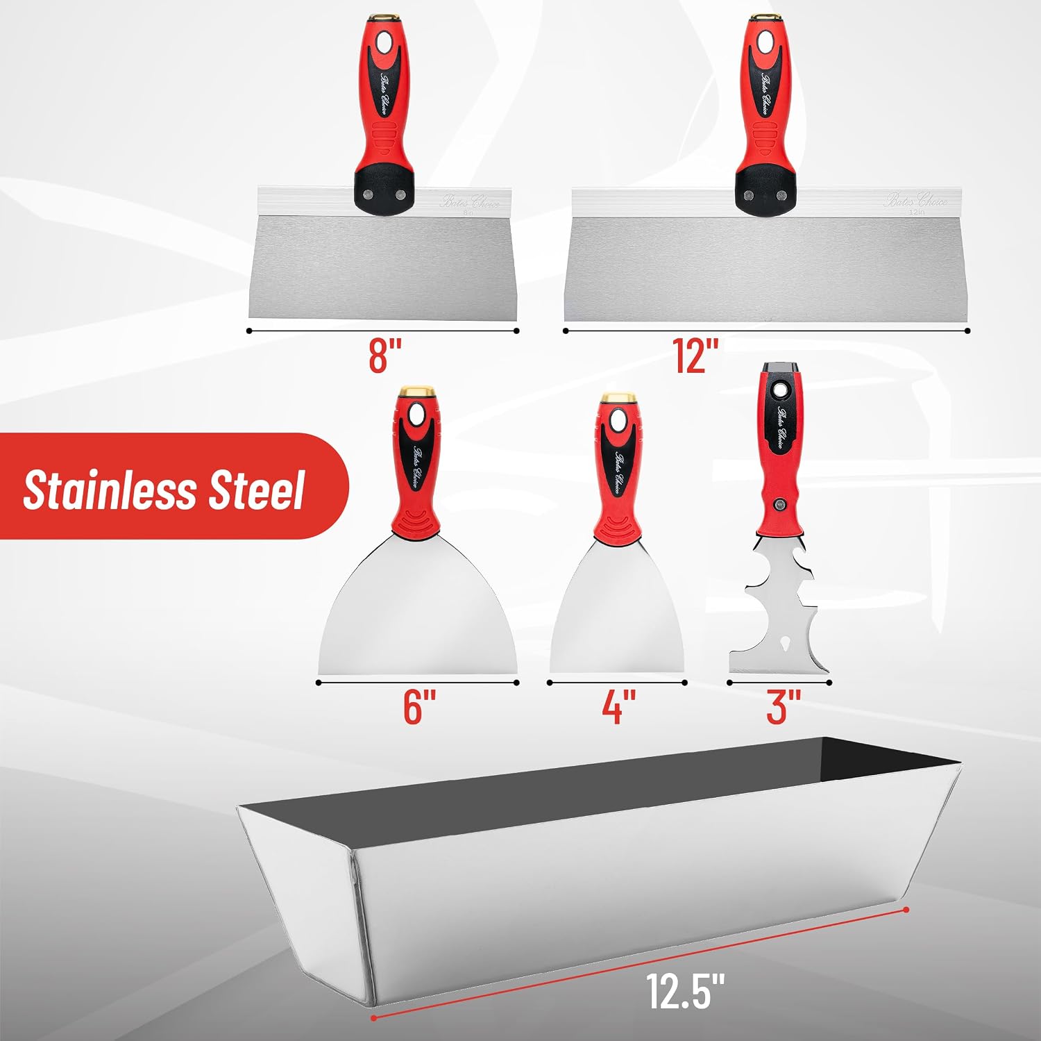 Bates Drywall Knife Set - 6pcs, Finishing Tools with Mud Pan & Spackle Knives