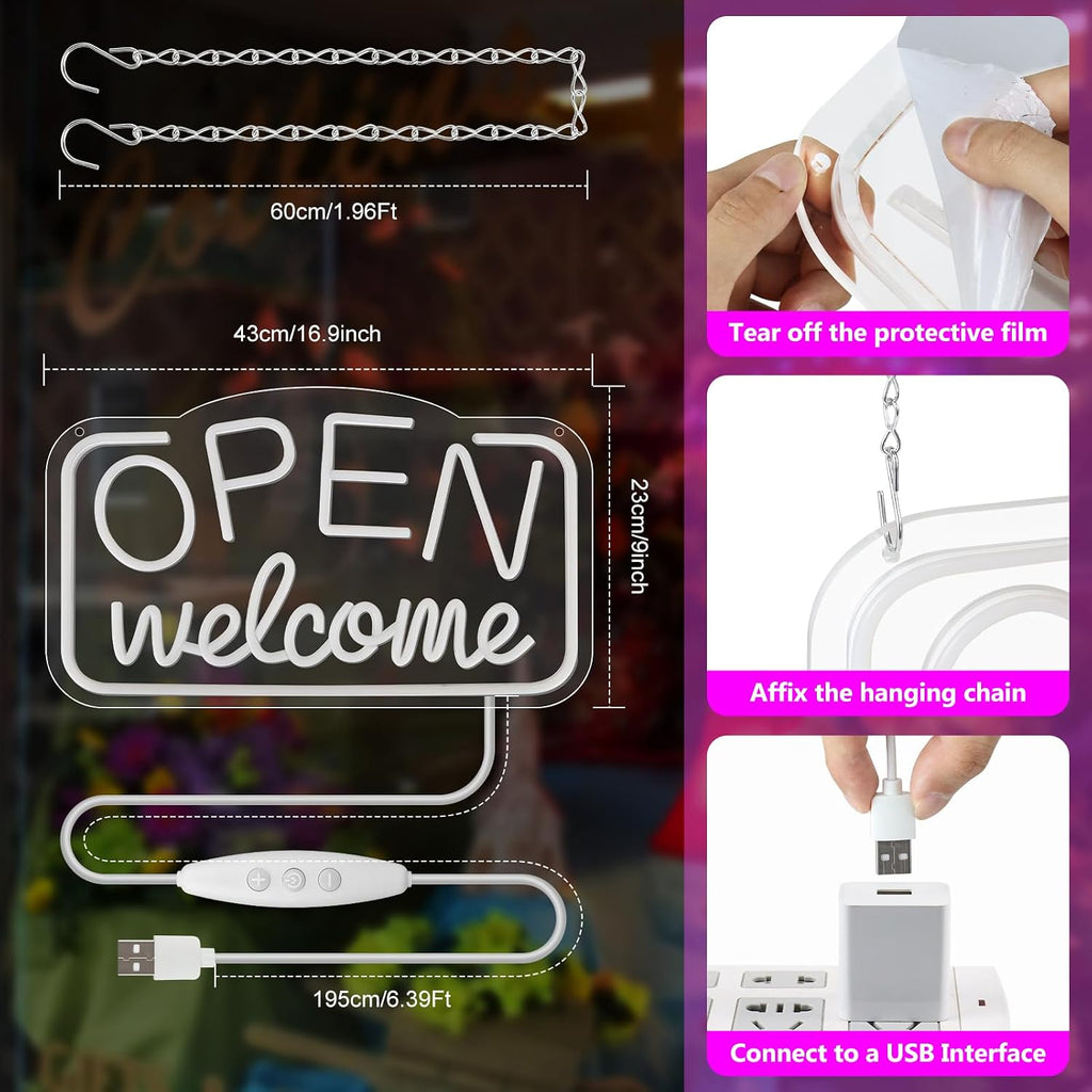 Open Sign for Business, 16" x 9" Bright LED Neon Open Sign Powered by USB with ON/OFF Switch, Adjustable Brightness