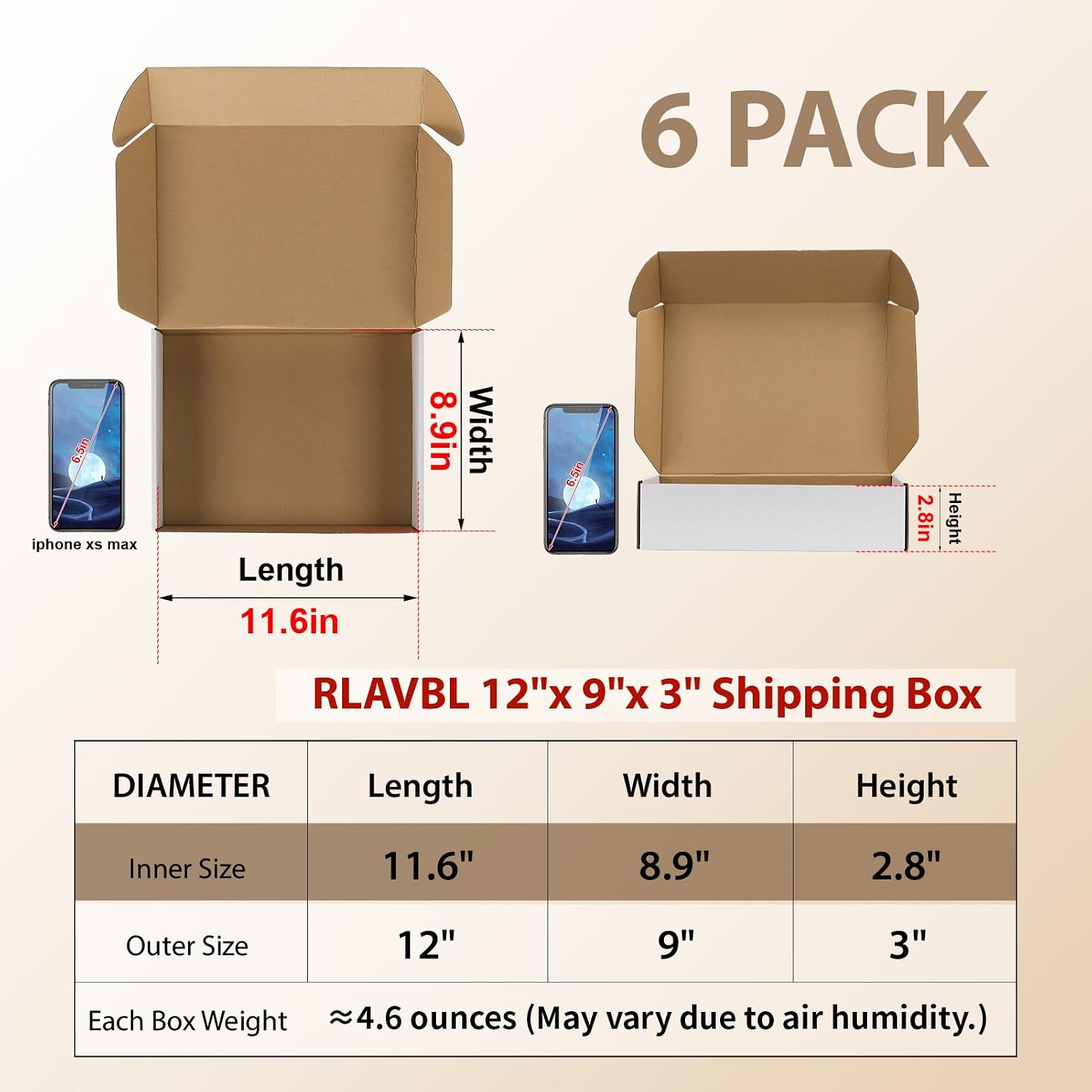 12x9x3 Shipping Boxes Set of 6, White Corrugated Cardboard Box for Packing, Mailing, Business