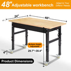 48" Adjustable Work Bench, Rubber Wood Top Workbench