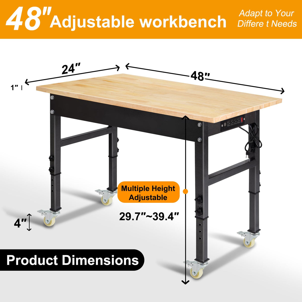48" Adjustable Work Bench, Rubber Wood Top Workbench