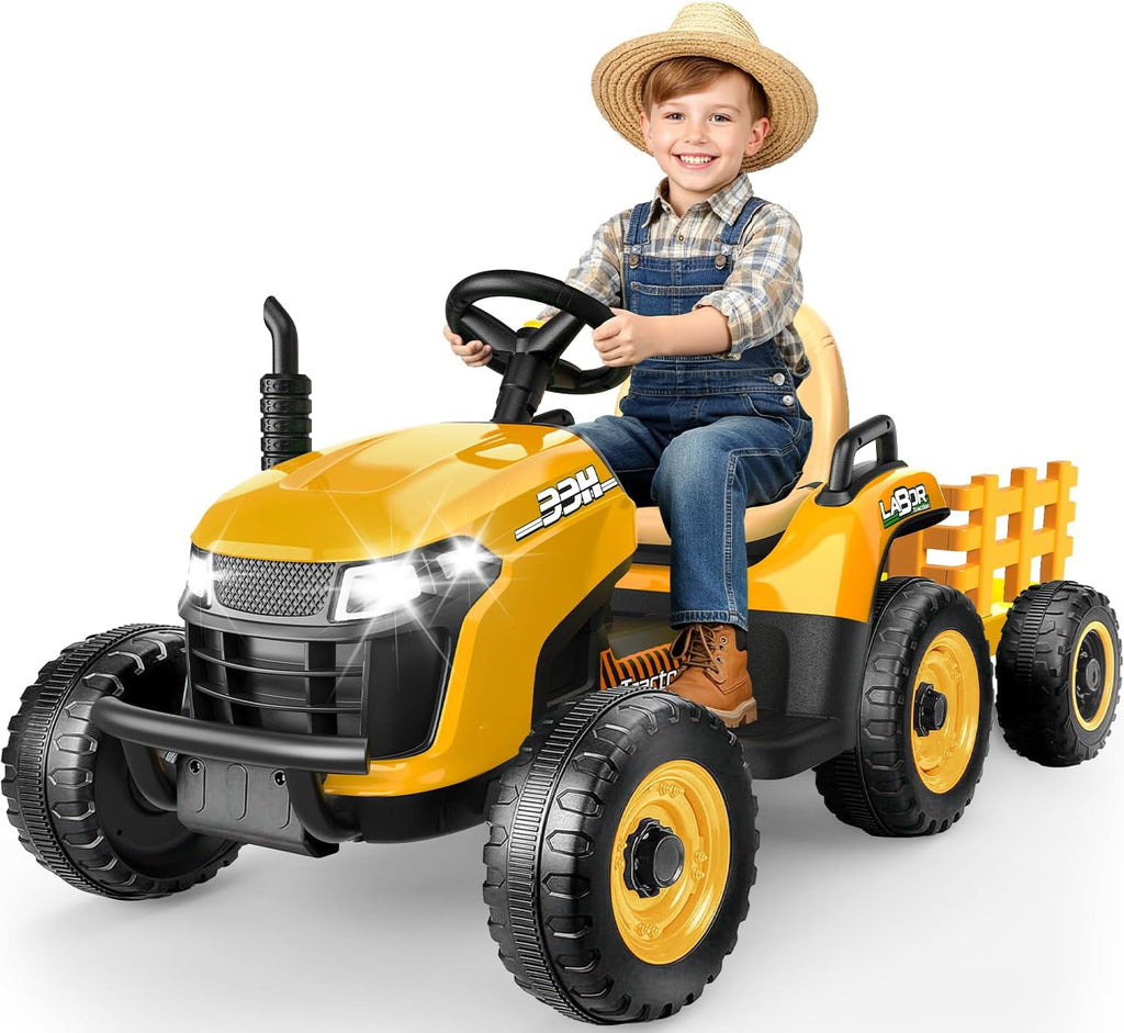 Ride On Tractor with Tiltable Trailer, 12V Battery Powered Ride On Toy w/Parent Remote Control, Music Player &