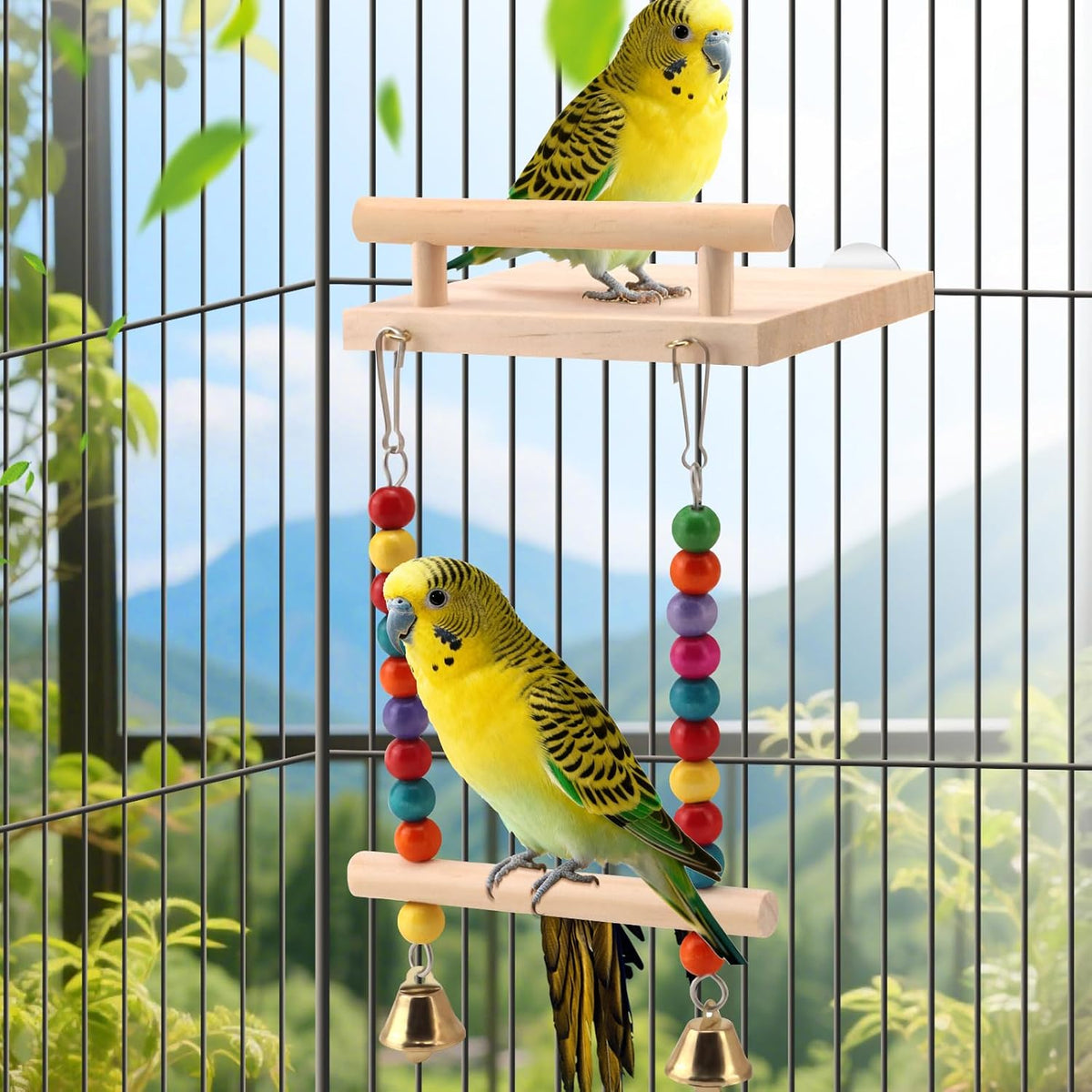 Natural Wood Bird Swing & Perch Platform for Cage