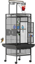 60 Inch Wrought Iron Large Bird Cage with Play Top, Stand | Rolling Metal Black Parrot Cage with 4 Stainless Steel