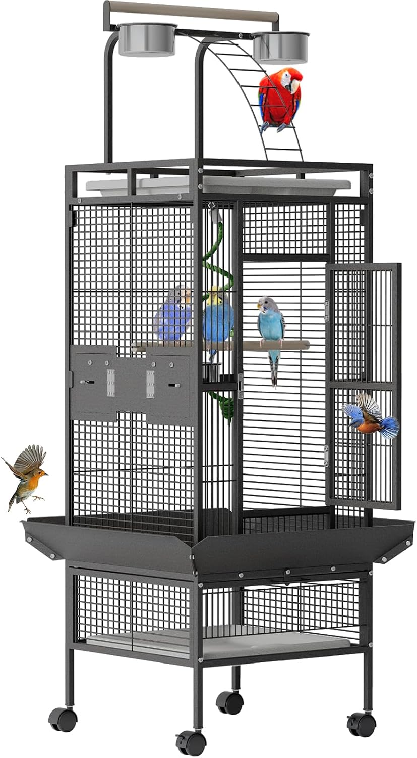 60 Inch Wrought Iron Large Bird Cage with Play Top, Stand | Rolling Metal Black Parrot Cage with 4 Stainless Steel