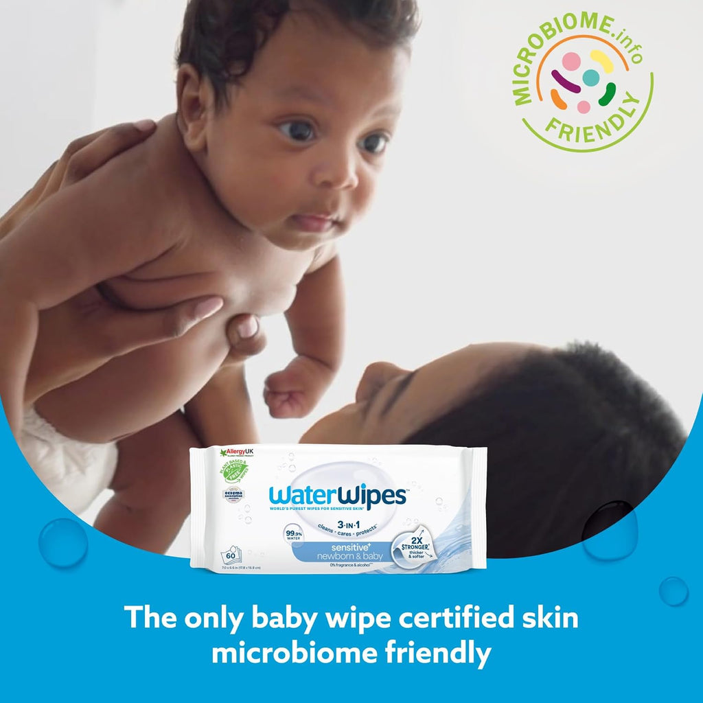 Sensitive+ Newborn & Baby Wipes, 3-In-1 Cleans, Cares, Protects, 99.9% Water, Unscented & Hypoallergenic, 240 Count