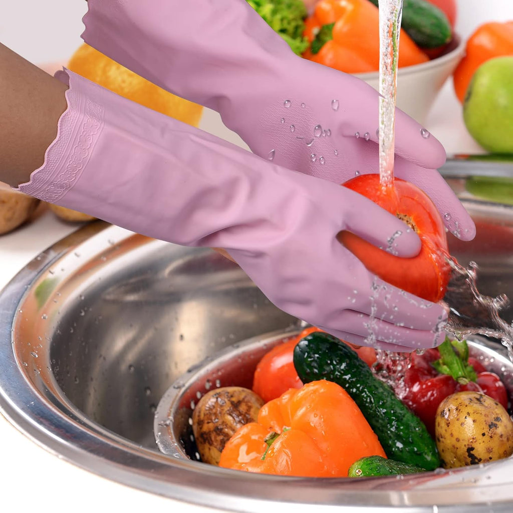 Rubber Cleaning Gloves - 3 Pairs Latex Free Kitchen Cleaning Gloves with Cotton Liner- Household Dishwashing Gloves