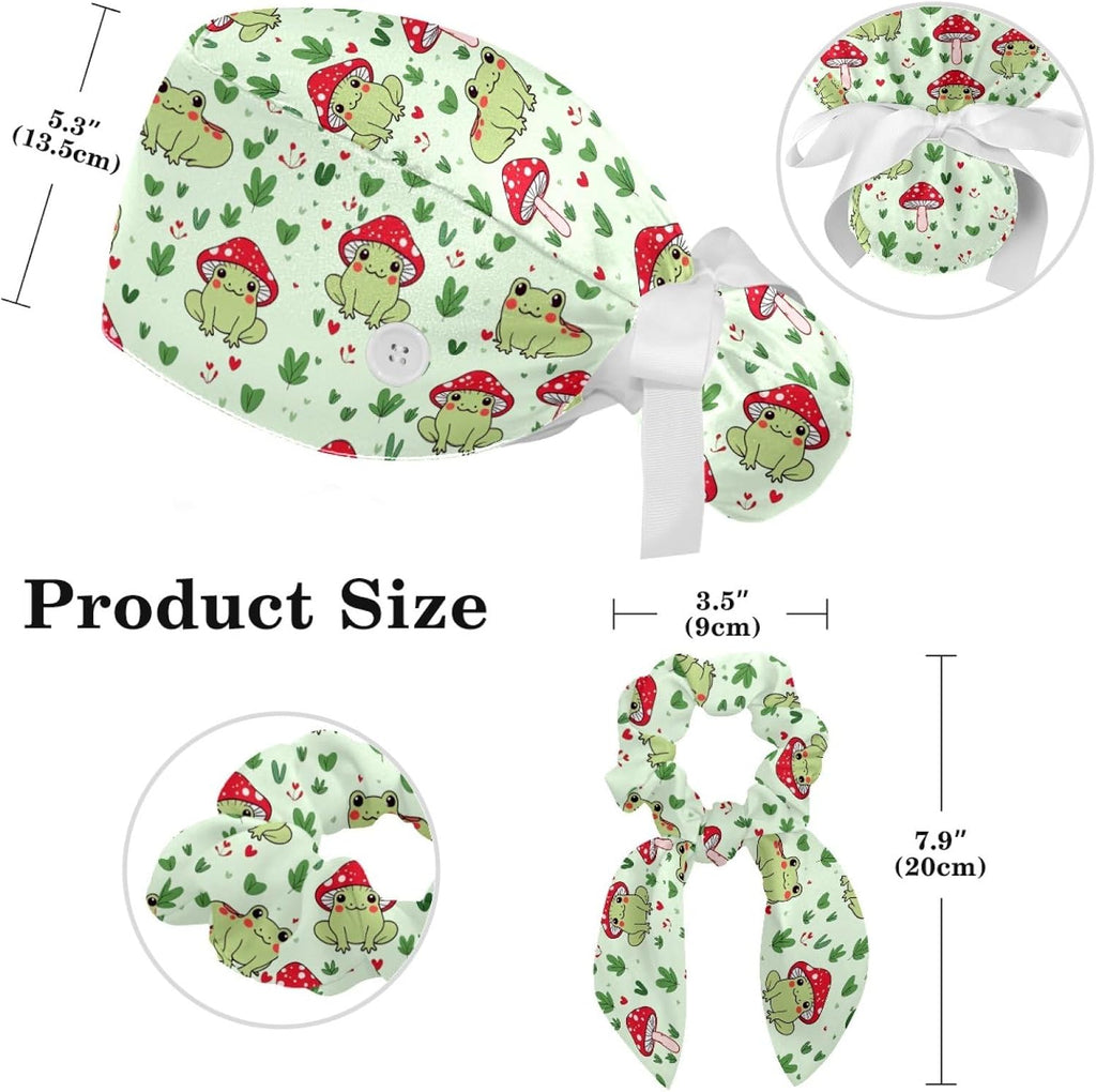 Scrub Caps Women Ponytail, Funny Print Surgical Cap with Button & Sweatband