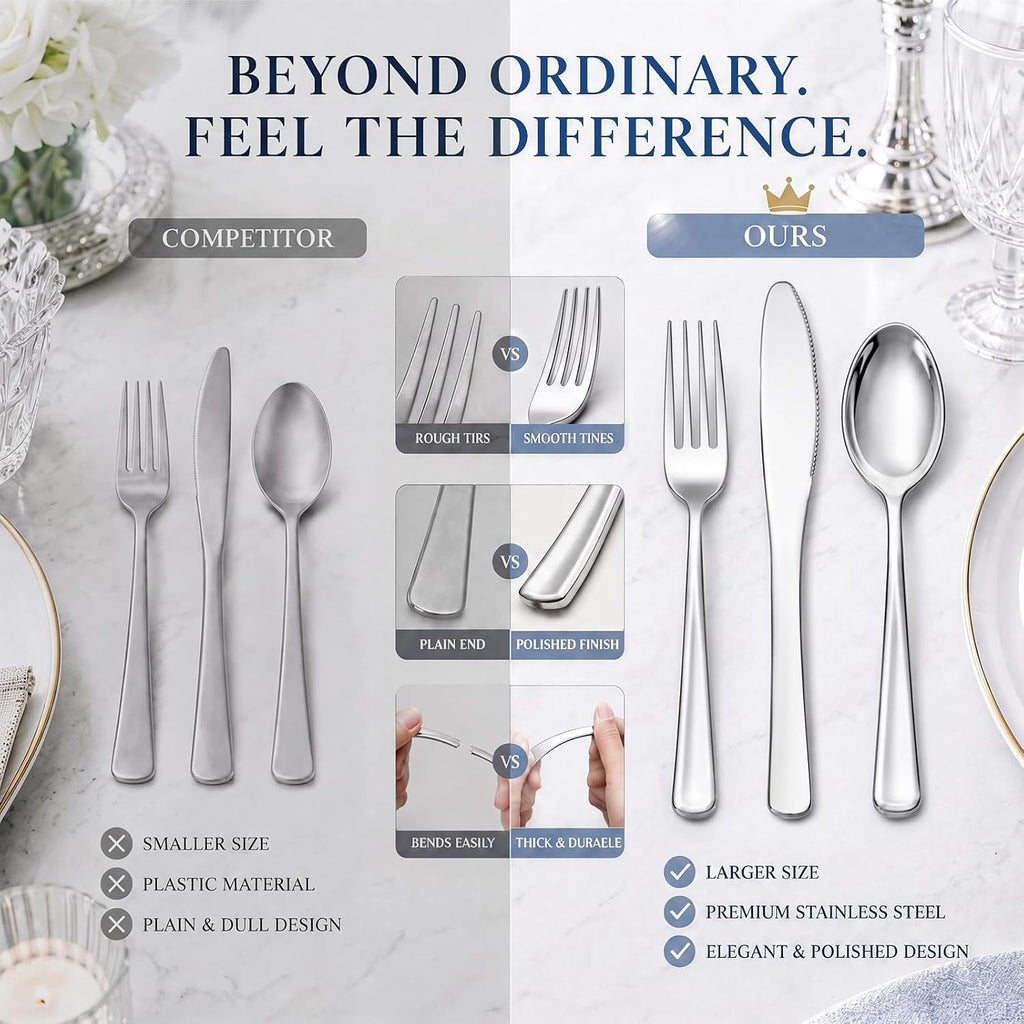 180 Ps Silver Plastic Silverware - Plastic Cutlery - Fancy Plastic Silverware Heavy Duty - 60 Forks 60 Knives 60